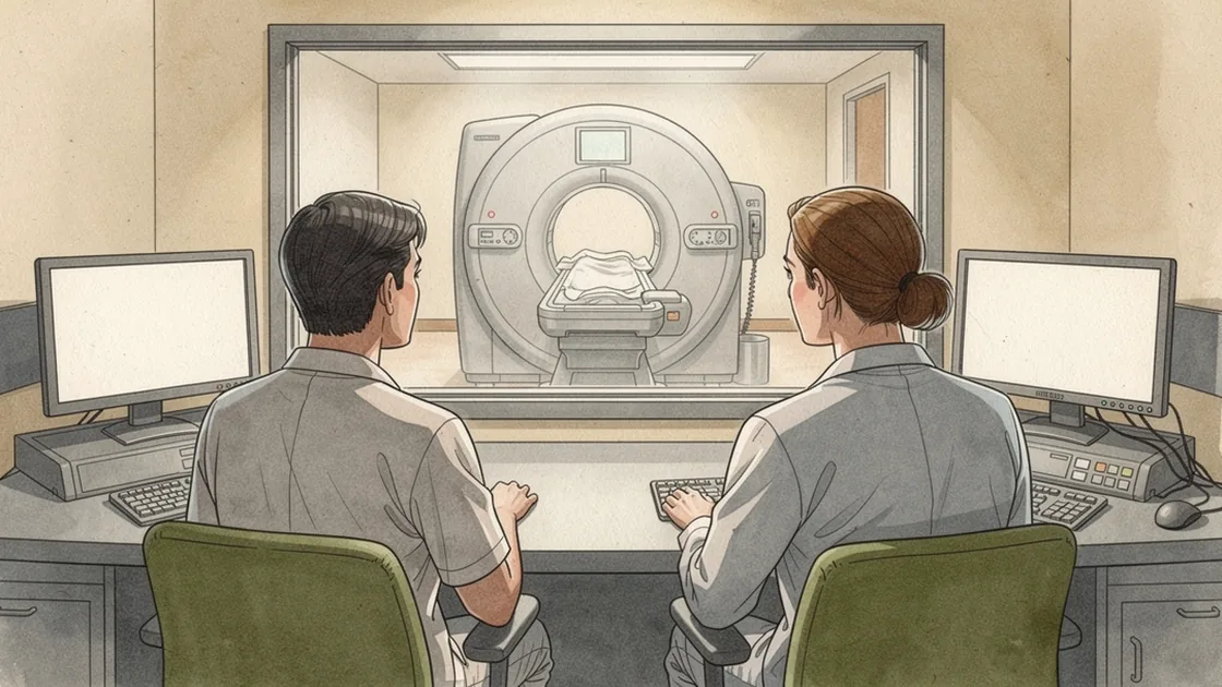Two imaging technicians preparing an empty MRI room through the control-room window