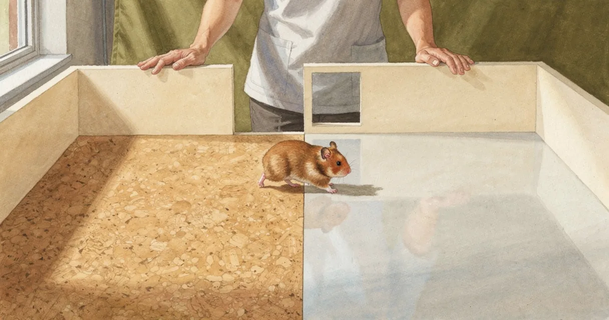 A Syrian hamster exploring a divided observation arena while a technician watches