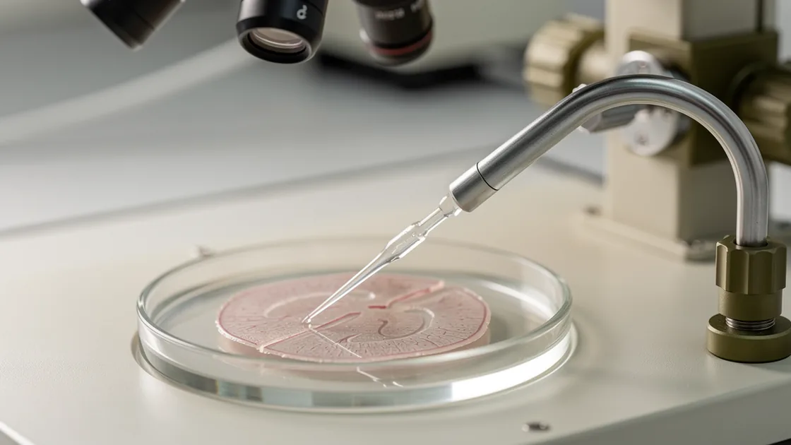 Glass recording pipette positioned over a brain slice beneath microscope optics